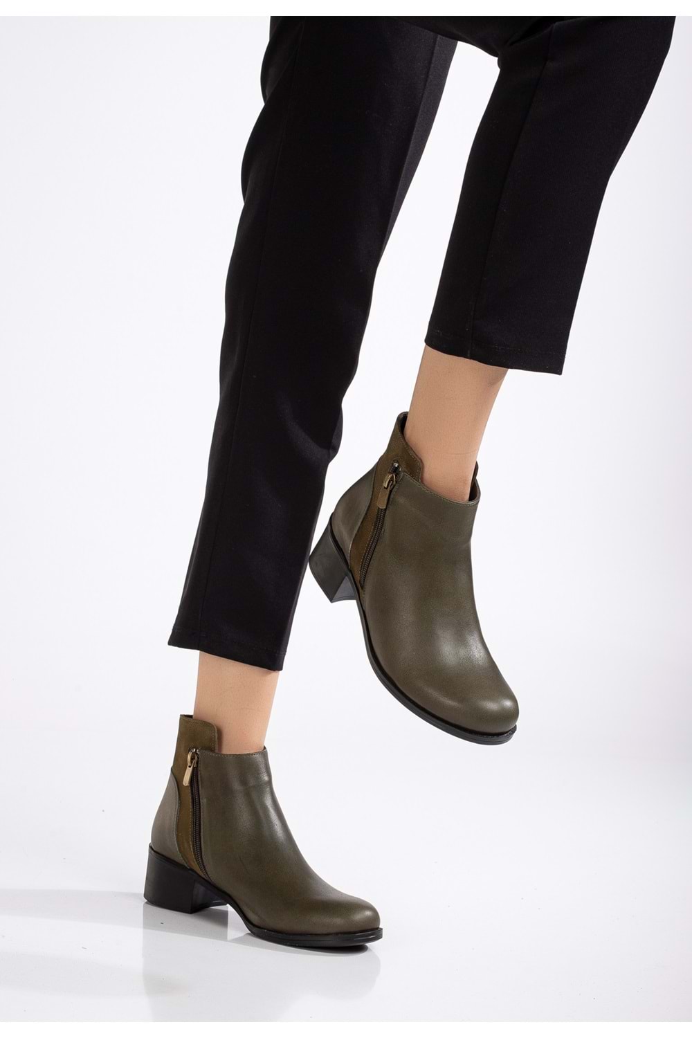 Kadın Hakiki Deri Nubuk Detaylı Kısa Topuklu Bilek Bot - Haki