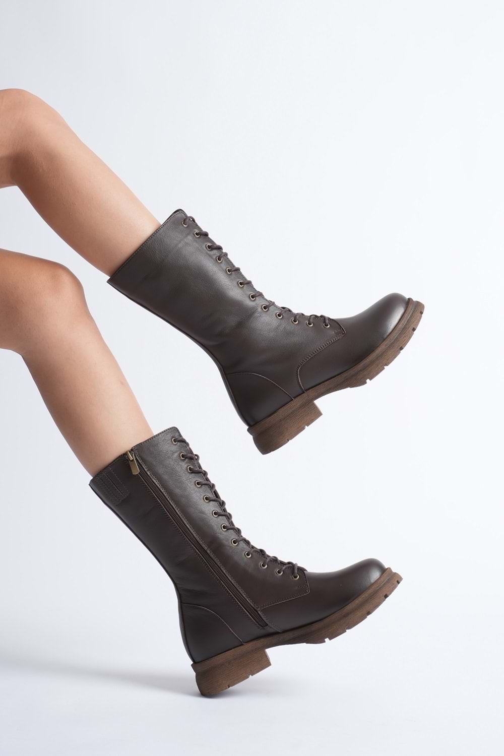 Kadın Hakiki Deri Fermuarlı Bağcıklı Postal Bot - Kahve