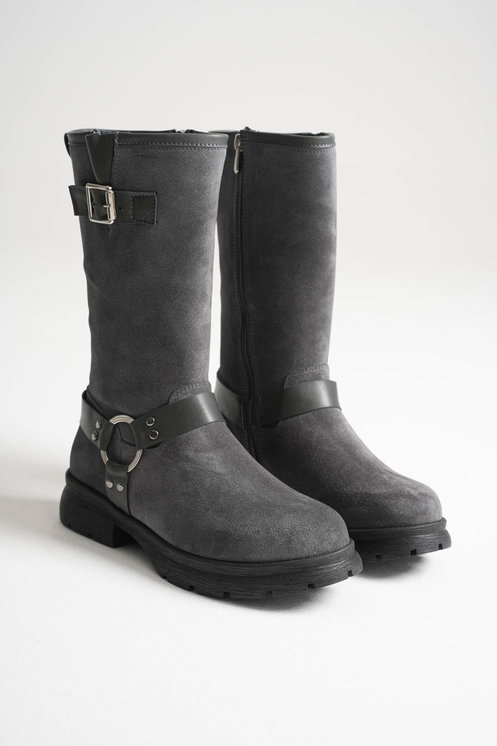 Kadın Hakiki Deri Aksesuar Detaylı Binici Çizme - Gri Süet