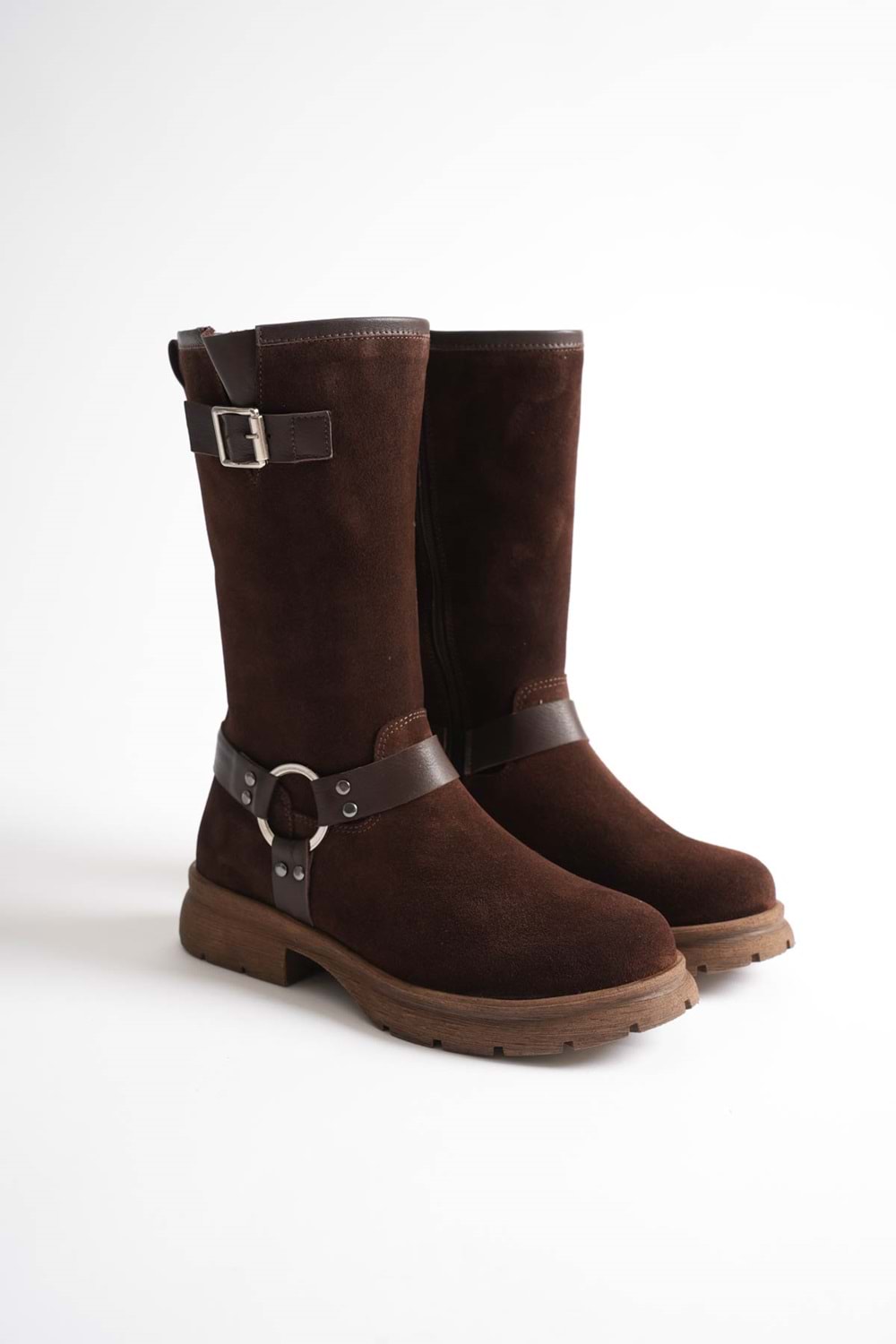 Kadın Hakiki Deri Aksesuar Detaylı Binici Çizme - Kahve Süet