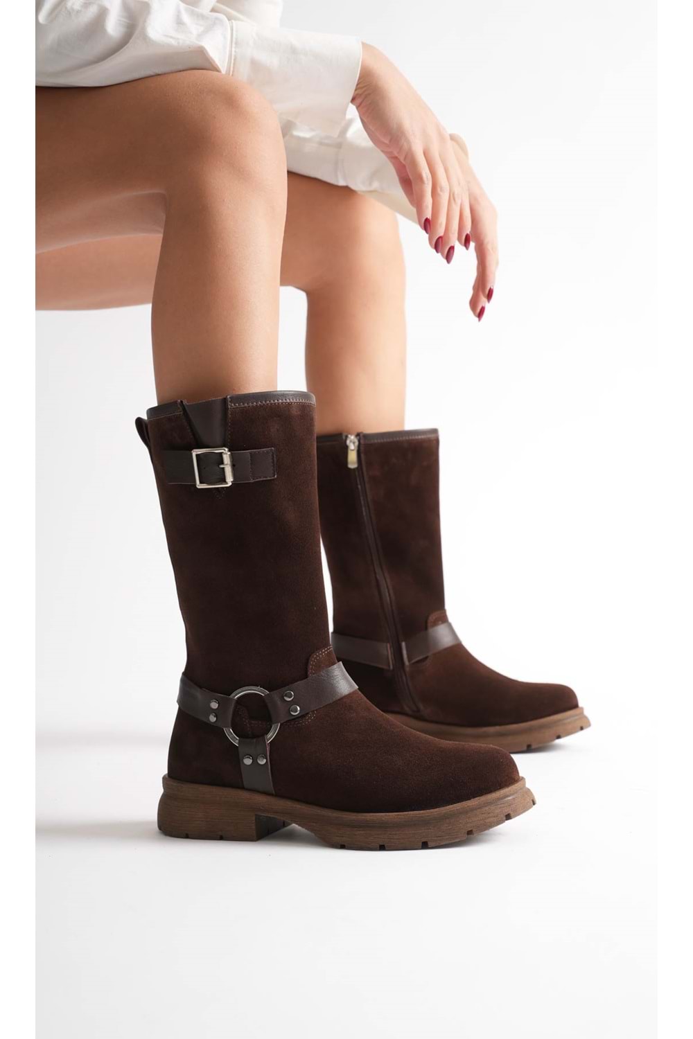 Kadın Hakiki Deri Aksesuar Detaylı Binici Çizme - Kahve Süet