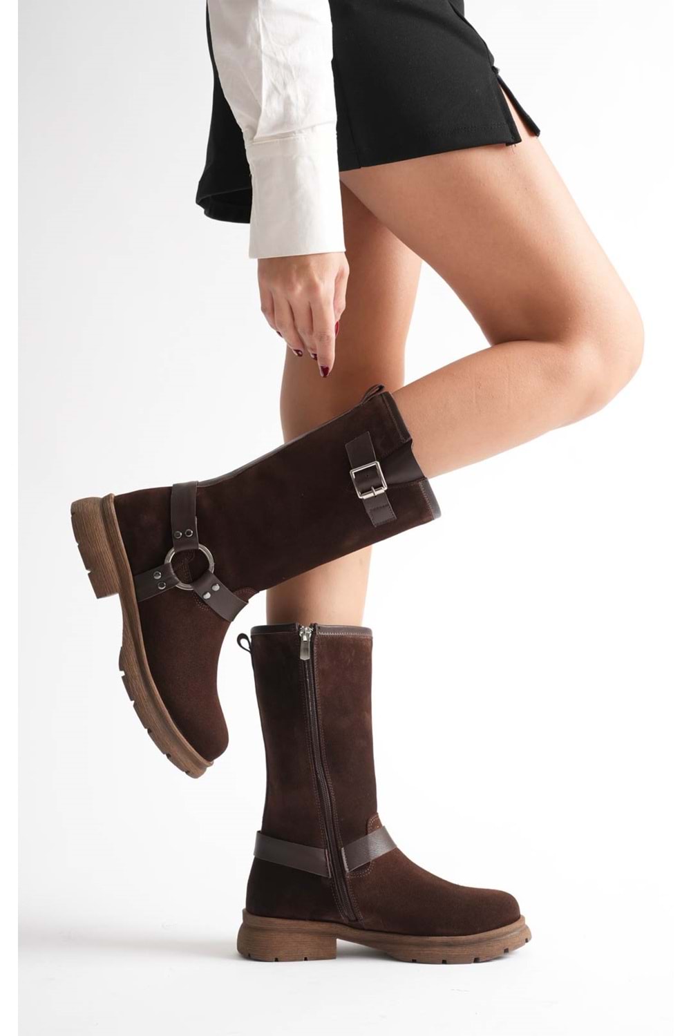 Kadın Hakiki Deri Aksesuar Detaylı Binici Çizme - Kahve Süet