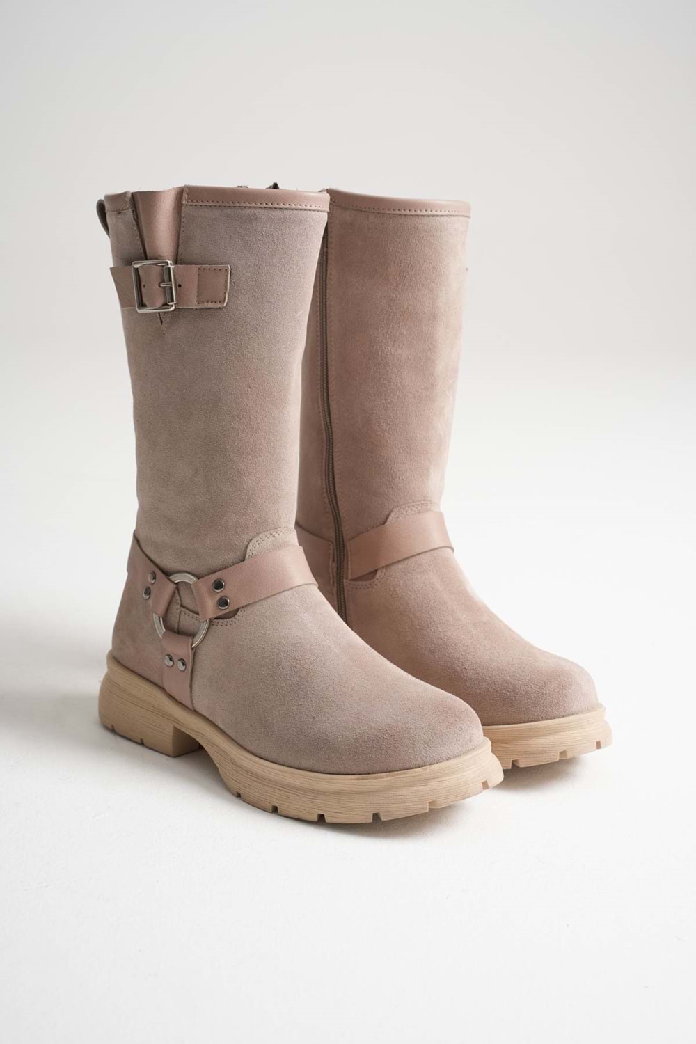 Kadın Hakiki Deri Aksesuar Detaylı Binici Çizme - Vizon Süet