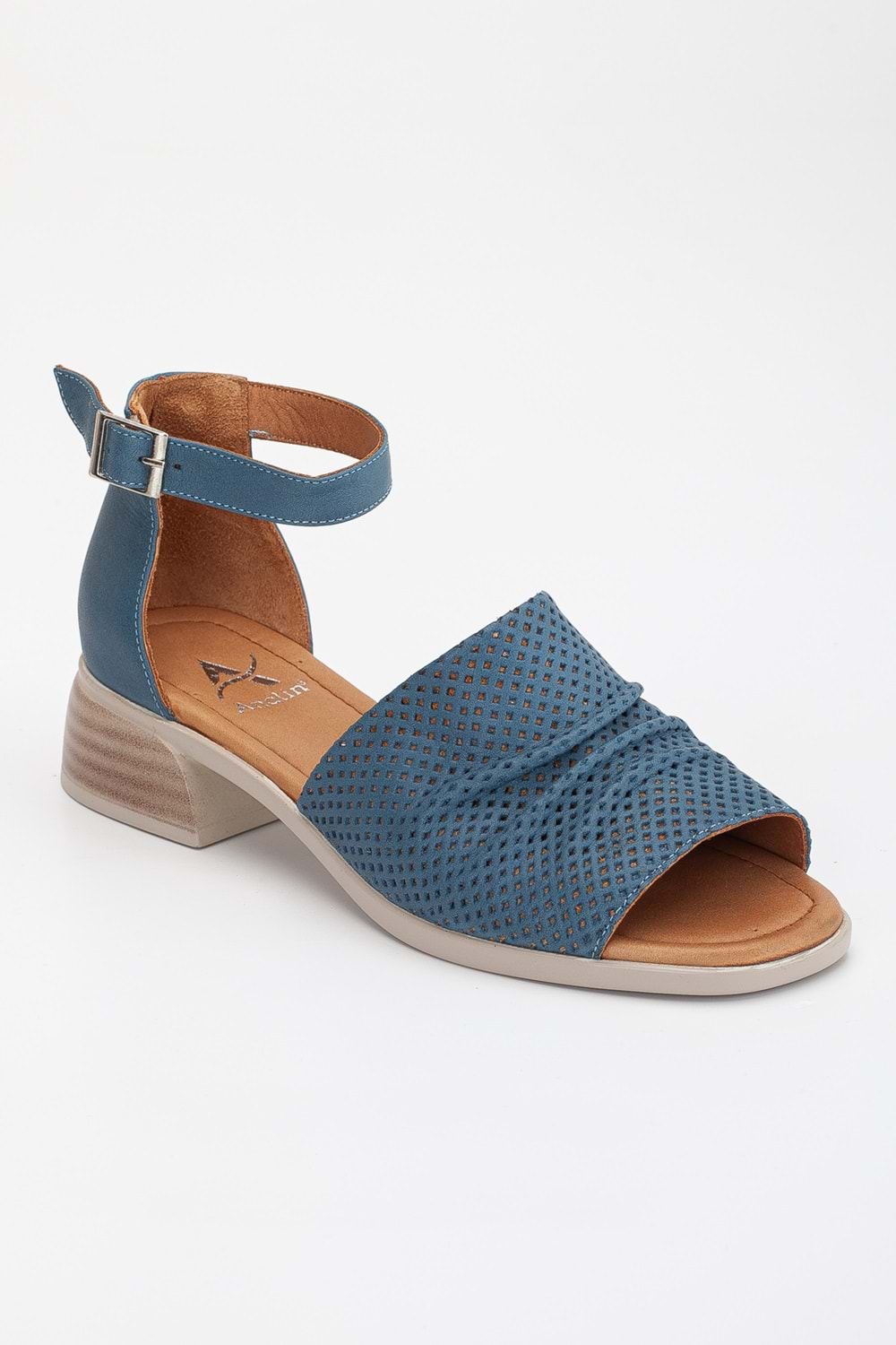 Kadın Hakiki Deri Kalın Bantlı Alçak Topuklu Sandalet - Kot Mavi