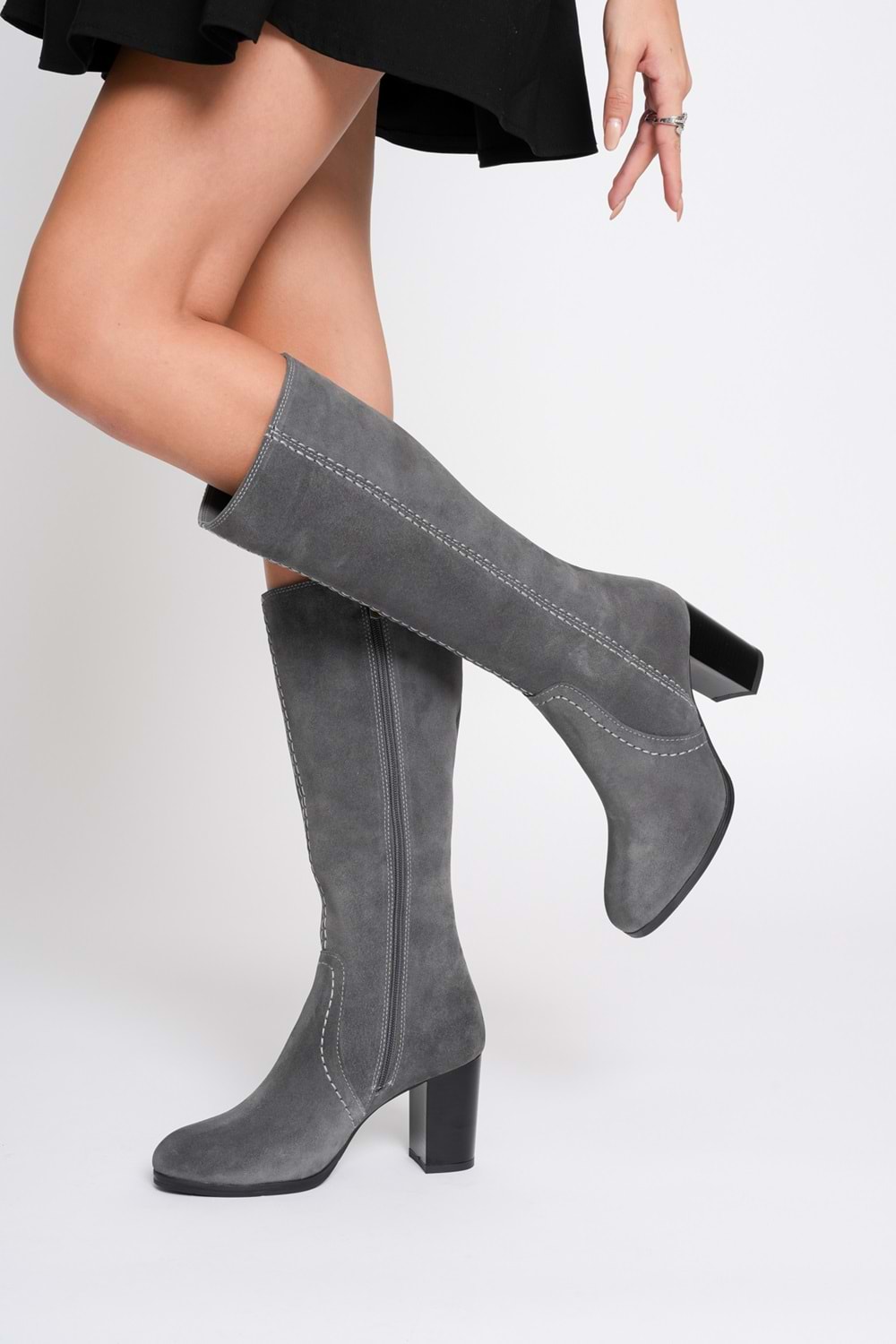Kadın Hakiki Deri Topuklu Süet Çizme - Gri