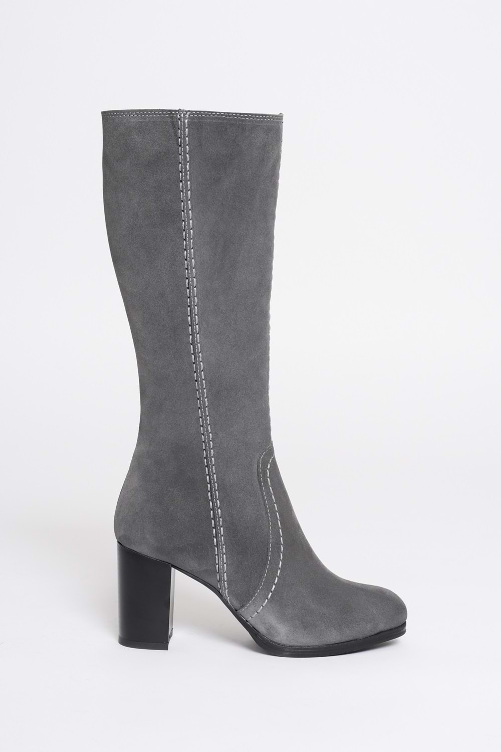 Kadın Hakiki Deri Topuklu Süet Çizme - Gri