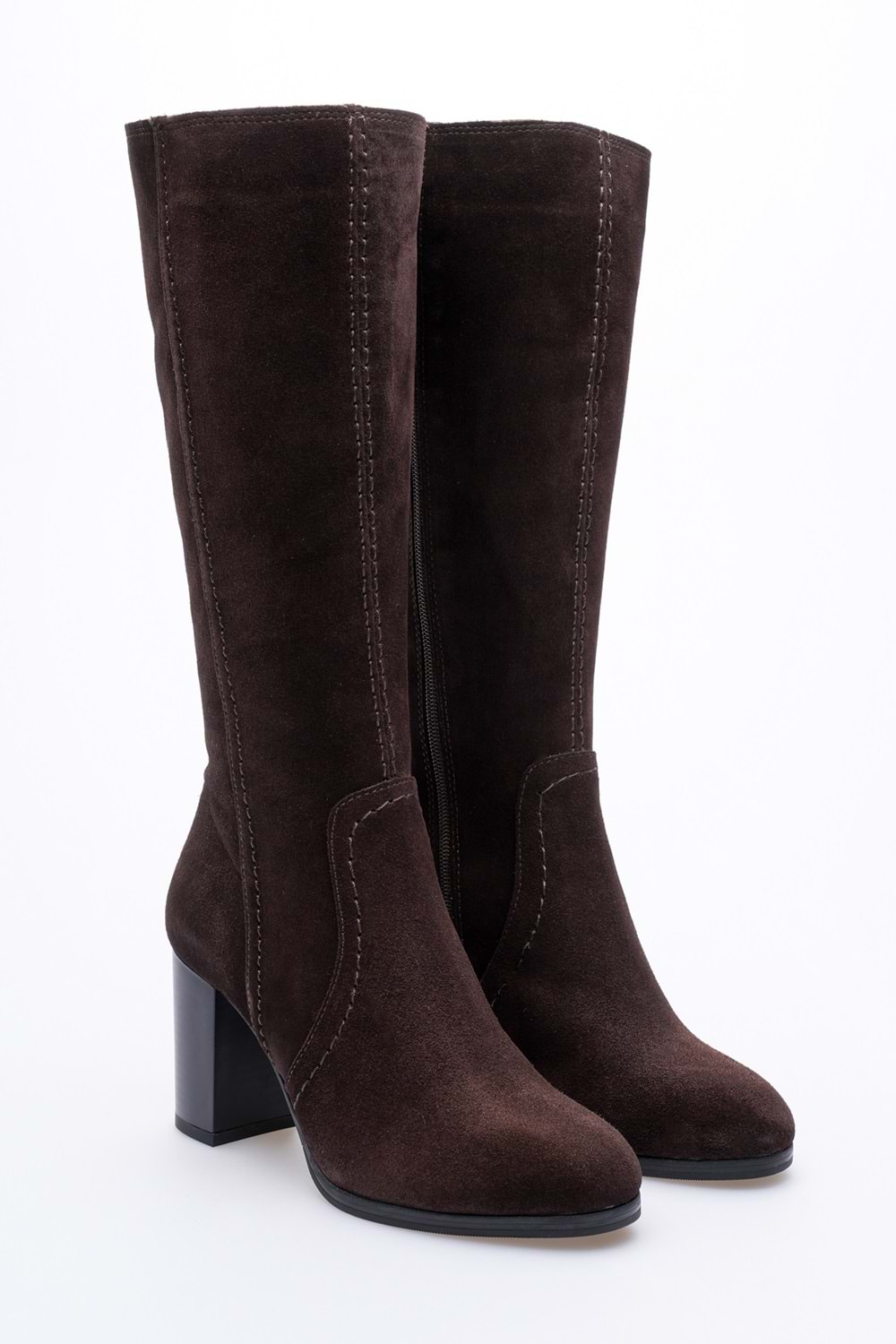 Kadın Hakiki Deri Topuklu Süet Çizme - Kahve