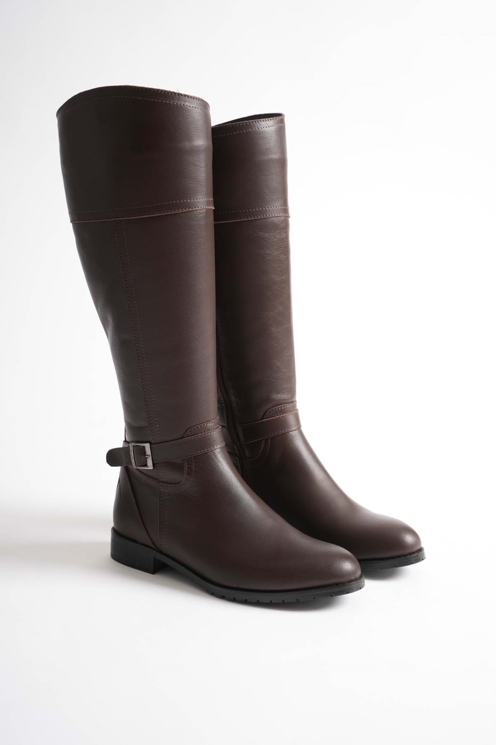 Kadın Hakiki Deri Tokalı Binici Çizme - Kahve
