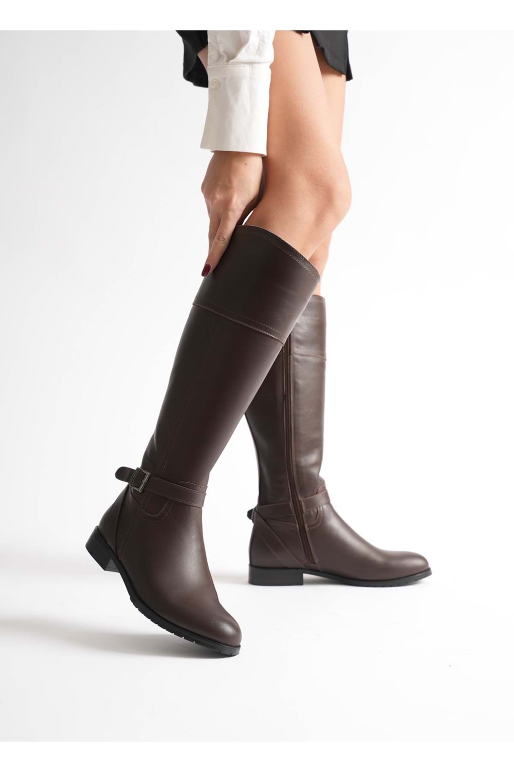 Kadın Hakiki Deri Tokalı Binici Çizme - Kahve