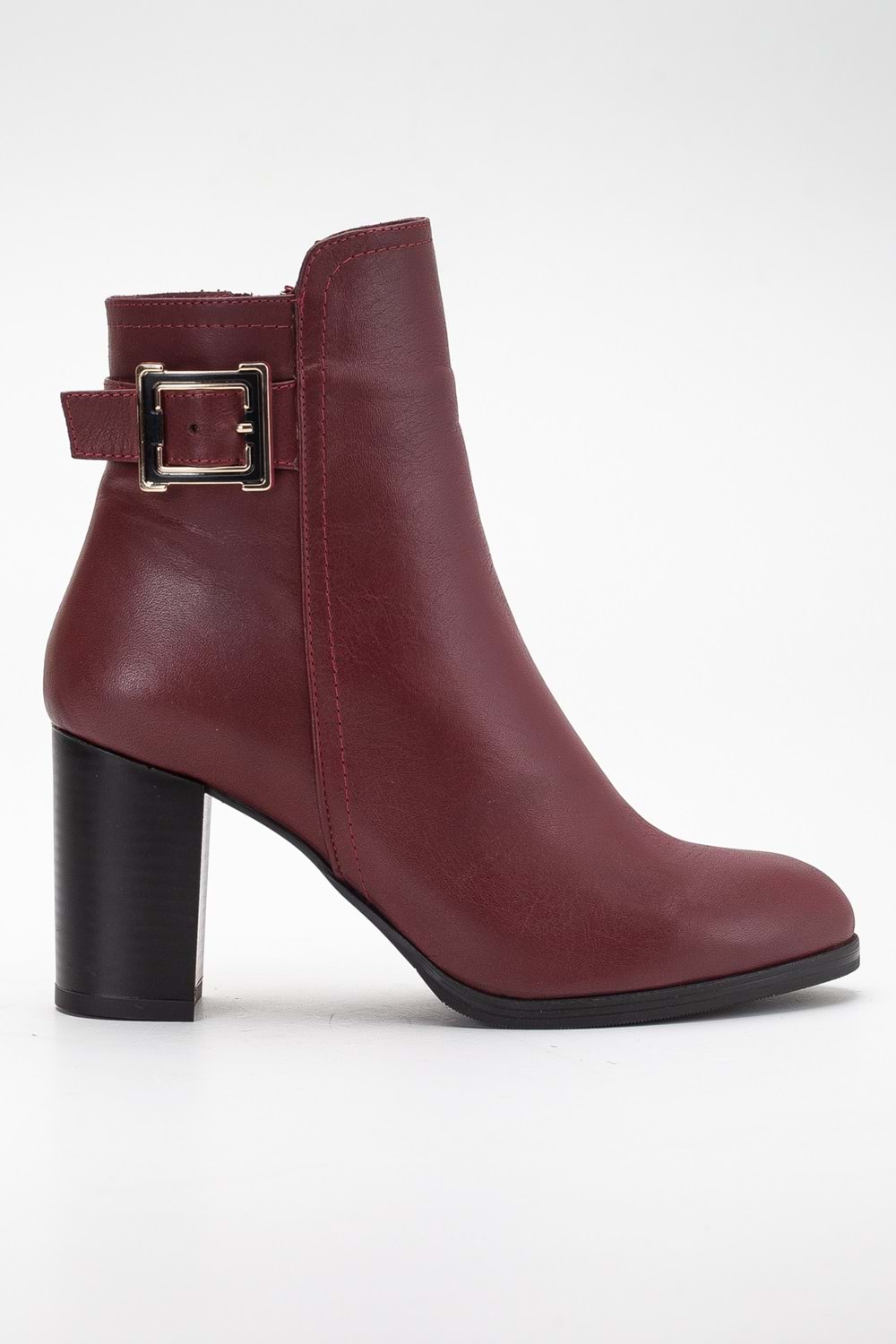 Kadın Hakiki Deri Tokalı Topuklu Bot - Bordo