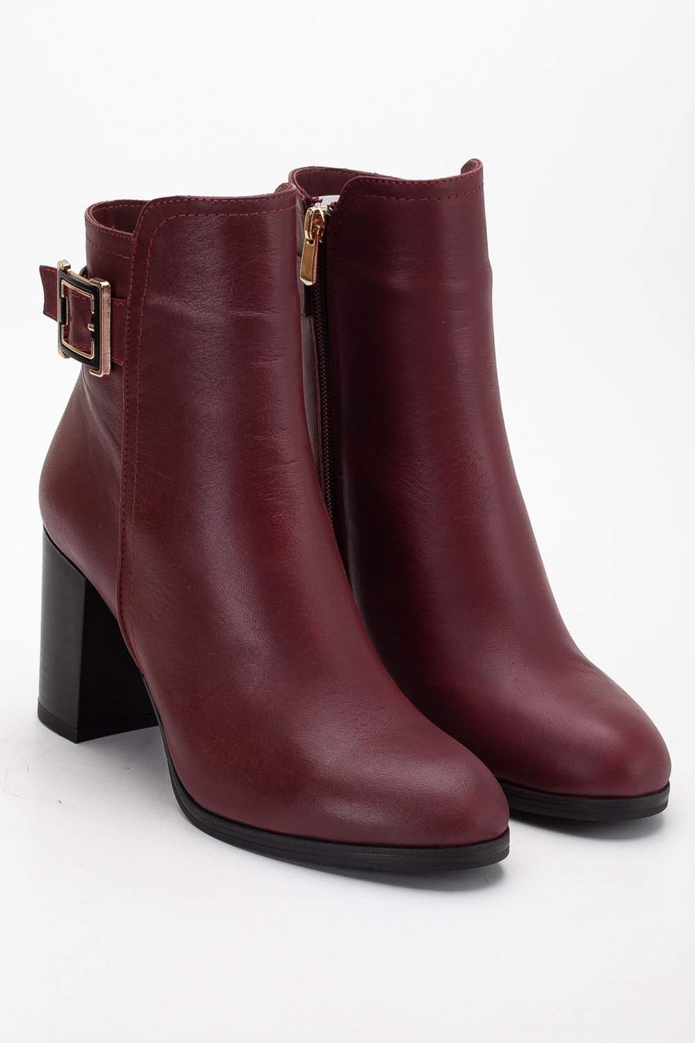 Kadın Hakiki Deri Tokalı Topuklu Bot - Bordo