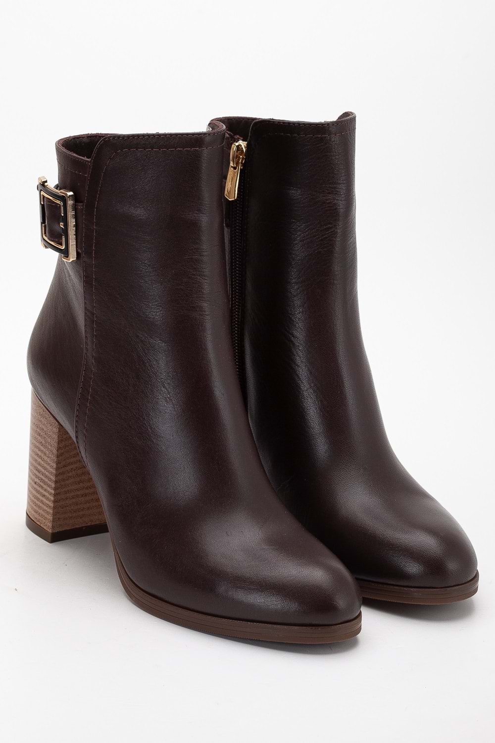 Kadın Hakiki Deri Tokalı Topuklu Bot - Kahve