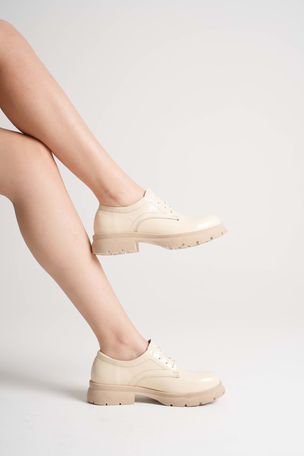 Kadın Hakiki Deri Bağcıklı Oxford Ayakkabı - Bej Rugan