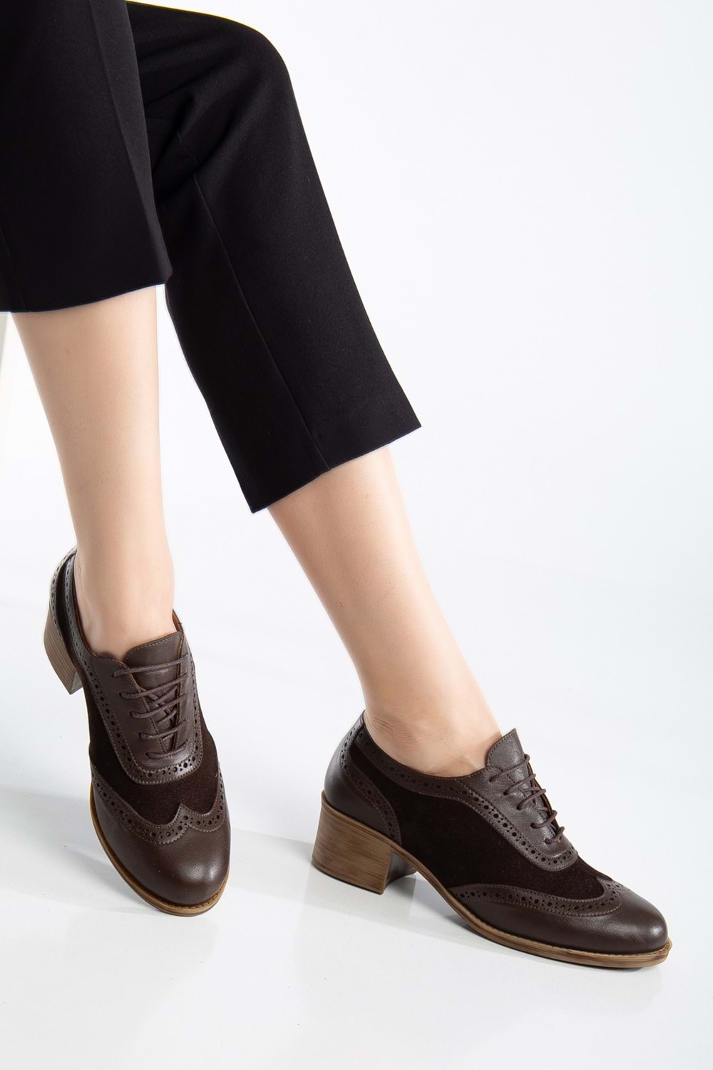 Kadın Hakiki Deri Topuklu Oxford Ayakkabı - Kahve