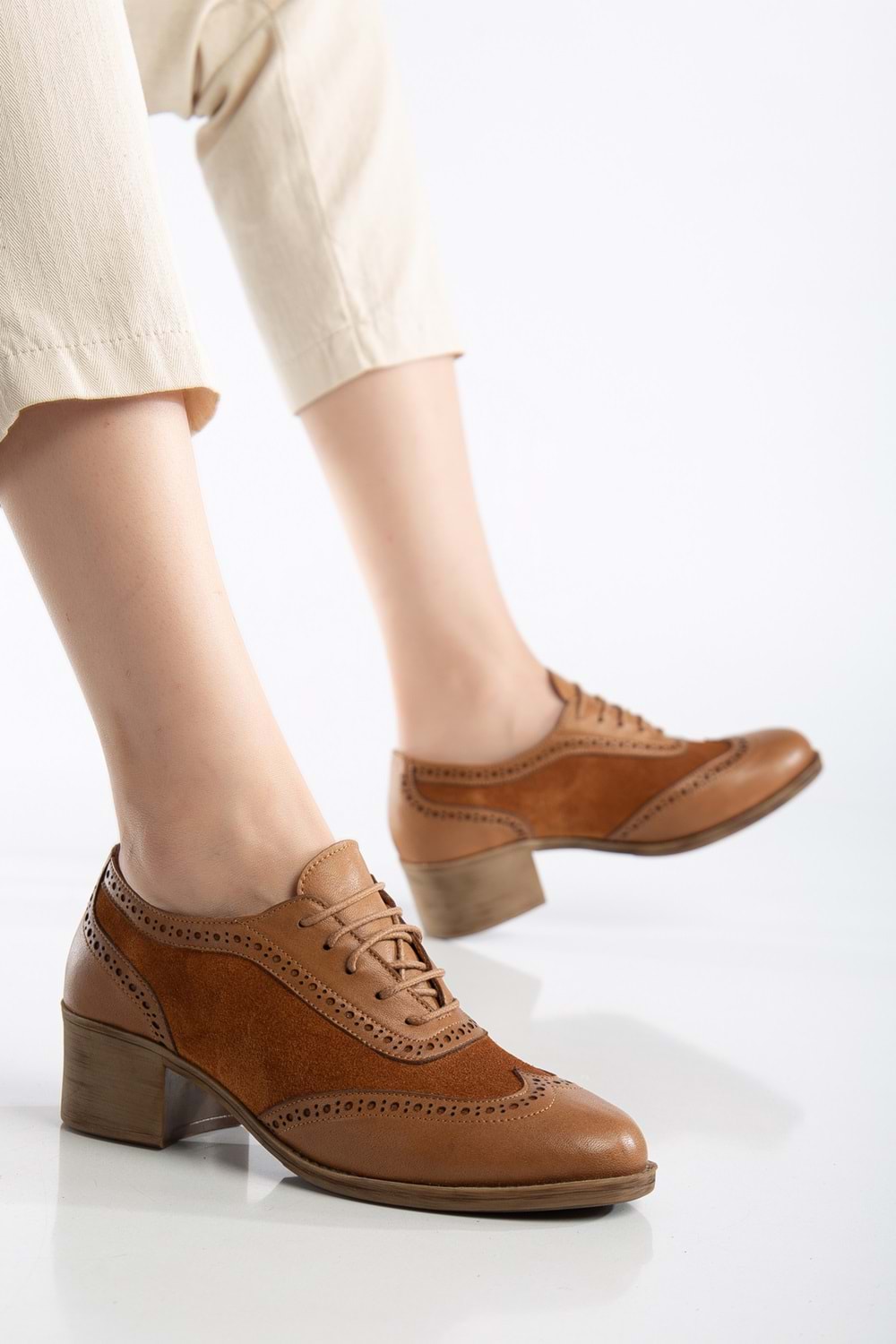 Kadın Hakiki Deri Topuklu Oxford Ayakkabı - Taba