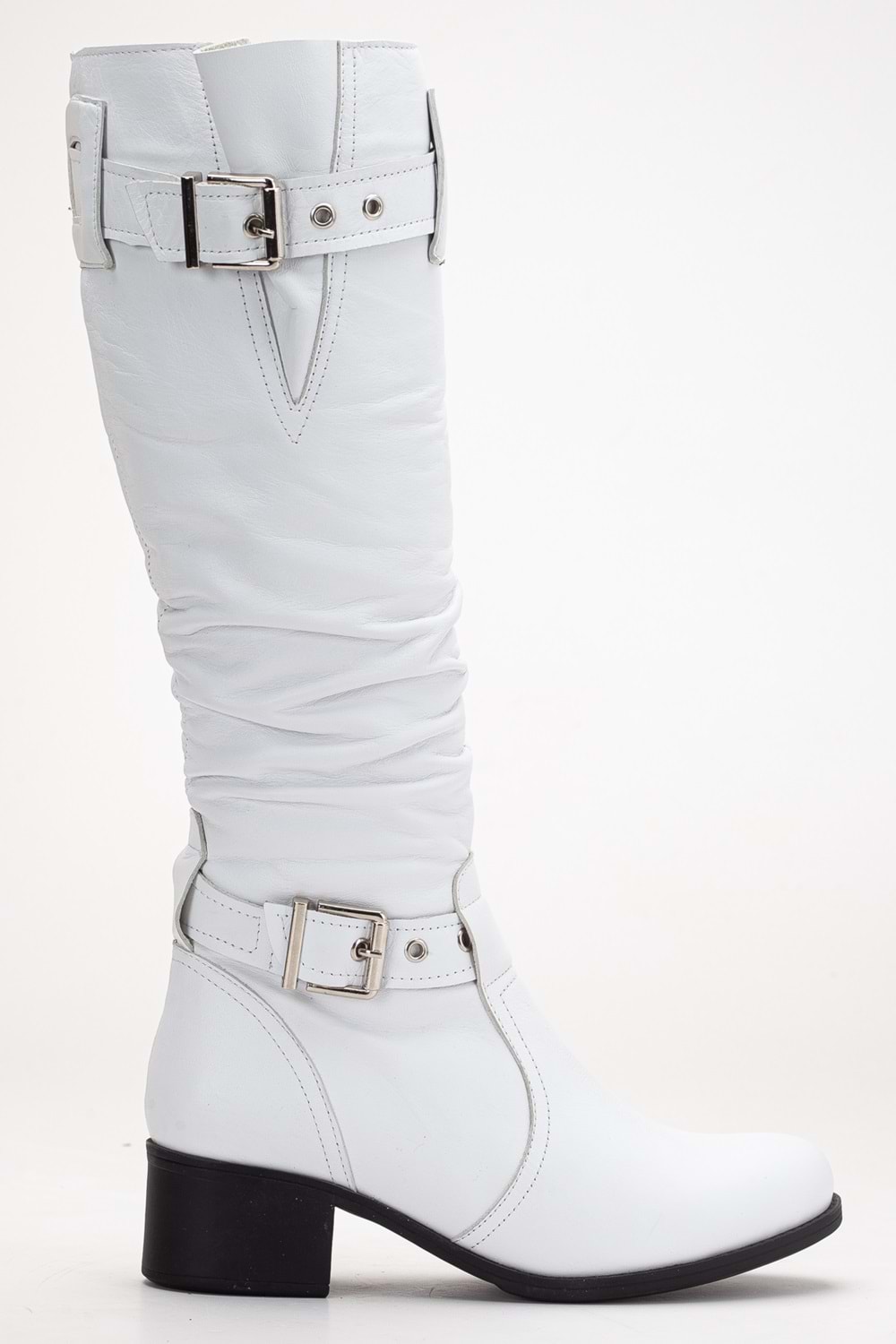 Kadın Hakiki Deri Körüklü Ayarlanabilir Tokalı Çizme - Beyaz