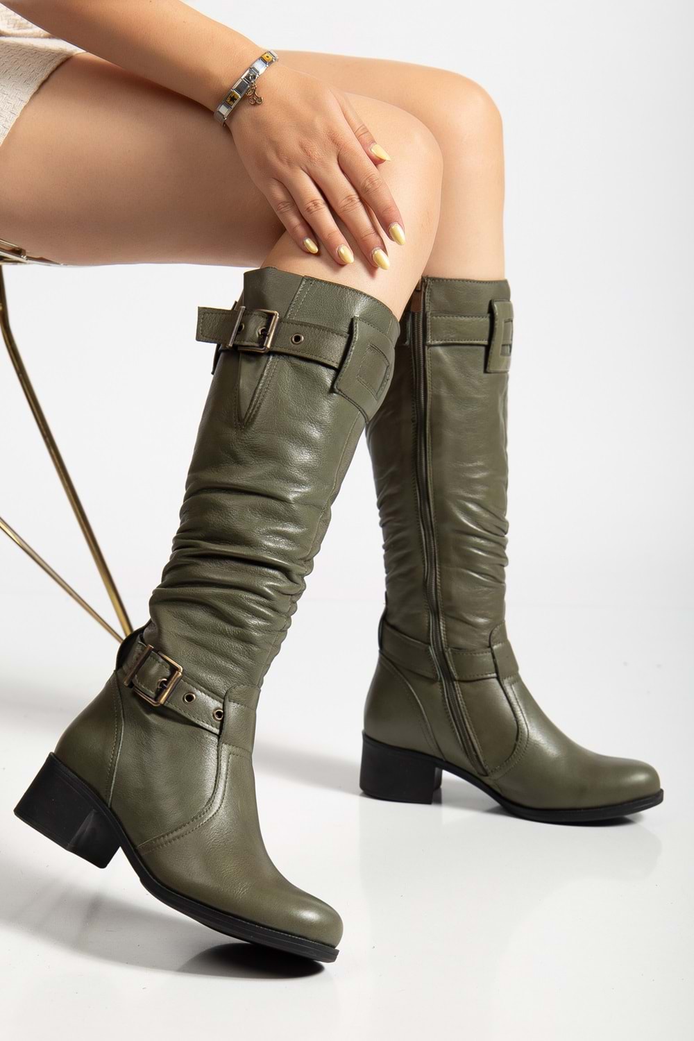 Kadın Hakiki Deri Körüklü Ayarlanabilir Tokalı Çizme - Yeşil