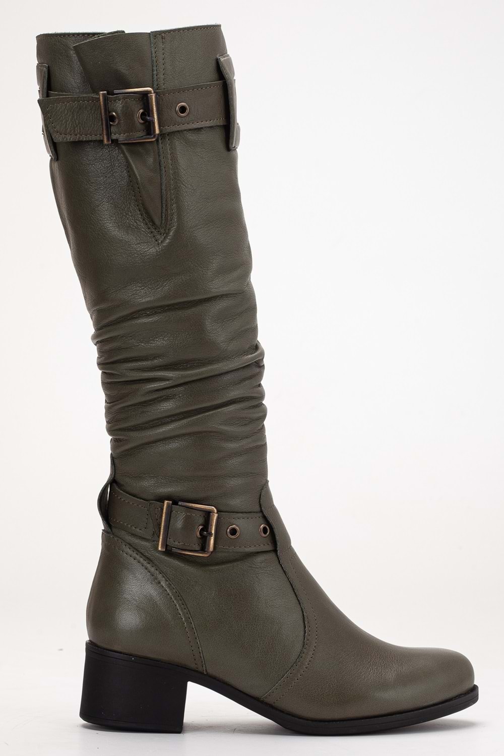 Kadın Hakiki Deri Körüklü Ayarlanabilir Tokalı Çizme - Yeşil