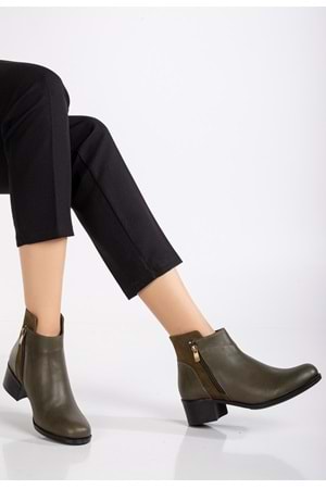 Kadın Hakiki Deri Nubuk Detaylı Kısa Topuklu Bilek Bot - Haki