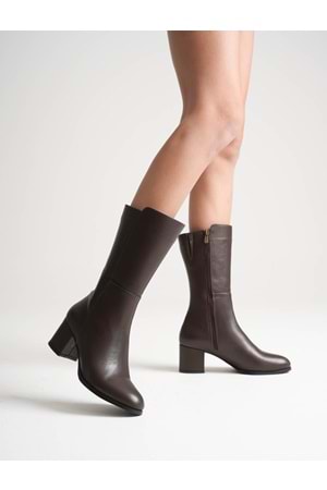Kadın Hakiki Deri Şık Topuklu Çizme - Kahve