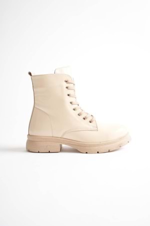 Kadın Hakiki Deri Bağcıklı Fermuarlı Rahat Postal Bot - Bej Rugan