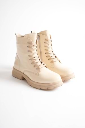 Kadın Hakiki Deri Bağcıklı Fermuarlı Rahat Postal Bot - Bej Rugan