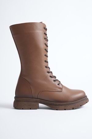 Kadın Hakiki Deri Fermuarlı Bağcıklı Postal Bot - Ceviz