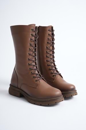 Kadın Hakiki Deri Fermuarlı Bağcıklı Postal Bot - Ceviz