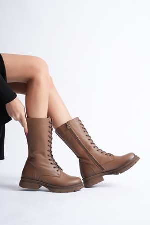 Kadın Hakiki Deri Fermuarlı Bağcıklı Postal Bot - Ceviz