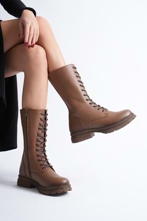 Kadın Hakiki Deri Fermuarlı Bağcıklı Postal Bot - Ceviz