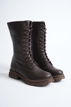 Kadın Hakiki Deri Fermuarlı Bağcıklı Postal Bot - Kahve