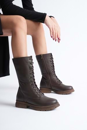 Kadın Hakiki Deri Fermuarlı Bağcıklı Postal Bot - Kahve