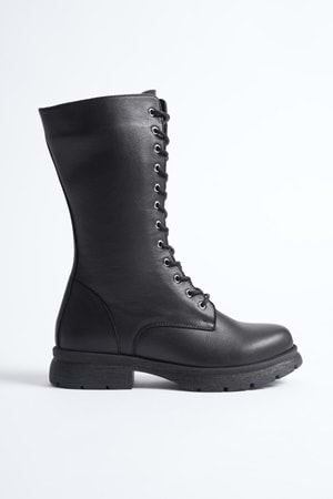 Kadın Hakiki Deri Fermuarlı Bağcıklı Postal Bot - Siyah