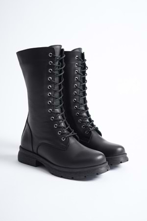 Kadın Hakiki Deri Fermuarlı Bağcıklı Postal Bot - Siyah