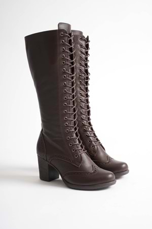 Kadın Hakiki Deri Bağcıklı Topuklu Çizme - Kahve