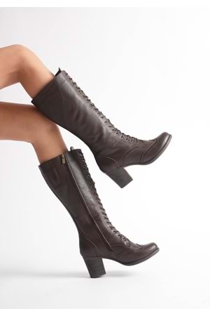 Kadın Hakiki Deri Bağcıklı Topuklu Çizme - Kahve