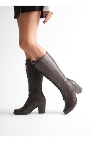 Kadın Hakiki Deri Bağcıklı Topuklu Çizme - Kahve