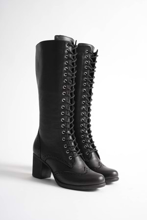 Kadın Hakiki Deri Bağcıklı Topuklu Çizme - Siyah