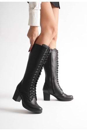 Kadın Hakiki Deri Bağcıklı Topuklu Çizme - Siyah