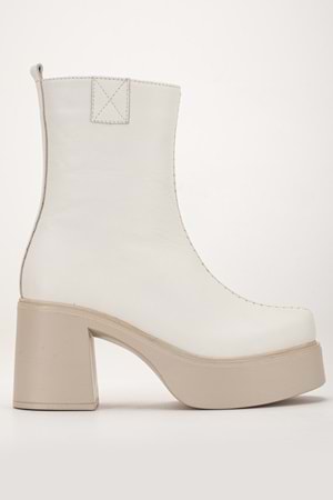 Kadın Hakiki Deri Kalın Tabanlı Topuklu Bot - Krem