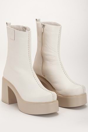 Kadın Hakiki Deri Kalın Tabanlı Topuklu Bot - Krem