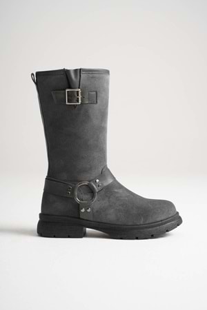 Kadın Hakiki Deri Aksesuar Detaylı Binici Çizme - Gri Süet