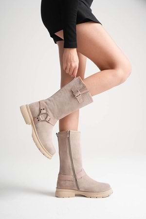 Kadın Hakiki Deri Aksesuar Detaylı Binici Çizme - Vizon Süet