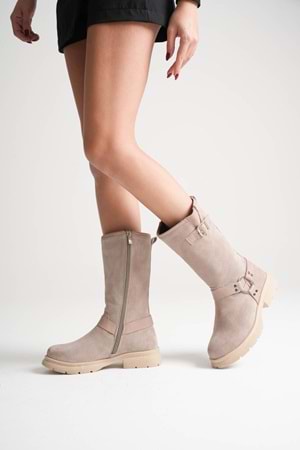 Kadın Hakiki Deri Aksesuar Detaylı Binici Çizme - Vizon Süet