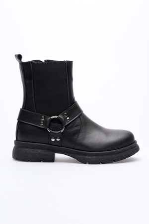 Kadın Hakiki Deri Metal Aksesuarlı Bot - Siyah