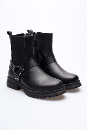 Kadın Hakiki Deri Metal Aksesuarlı Bot - Siyah