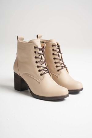 Kadın Hakiki Deri Bağcıklı Topuklu Bot - Bej
