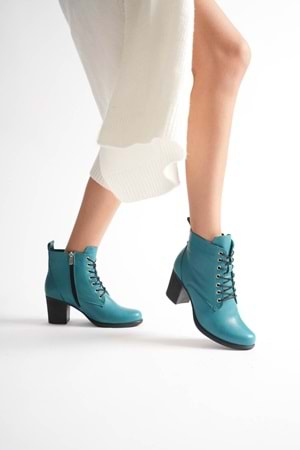 Kadın Hakiki Deri Bağcıklı Topuklu Bot - Ocean Depths