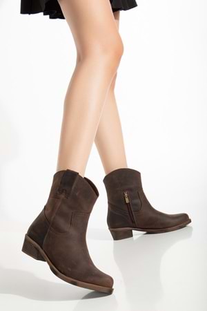 Crazy Deri Kadın Kovboy Bot - Kahve