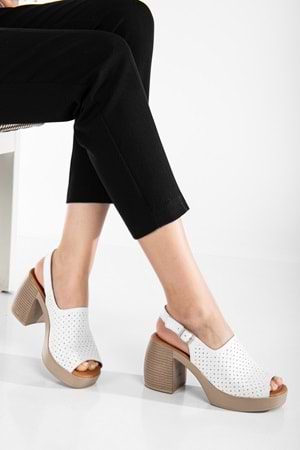 Kadın Hakiki Deri Kalın Topuklu Sandalet - Beyaz